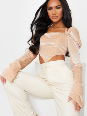 Nude Velvet Halterneck Puff Long Sleeve Point...