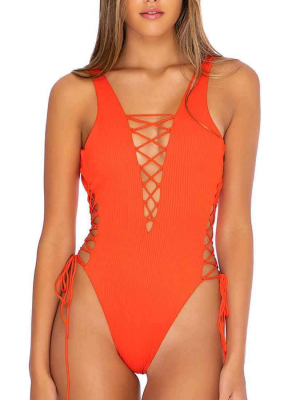 Luli Fama Orillas Del Mar Open Side One Piece Bodysuit In Fuego