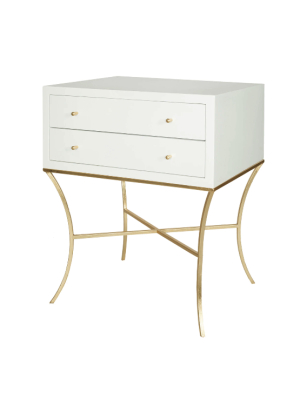 Two Drawer Side Table In White Lacquer With Gold Leaf Base