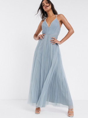 Asos Design Embellished Trim Plunge Maxi Dress In Dusty Blue