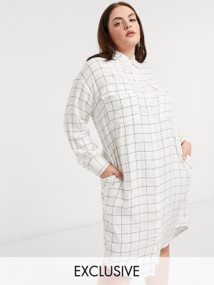 Native Youth Plus Button Down Midi Shirt Dress In Flannel Grid Plaid In Cream