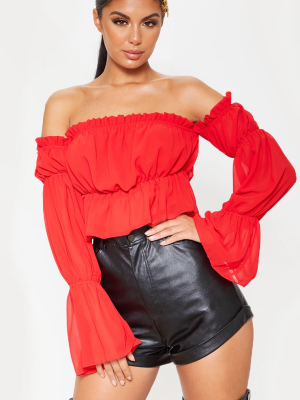 Red Woven Ruffle Bardot Flared Sleeve Blouse