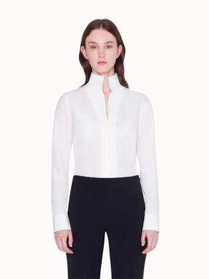 Long Sleeve Collared Silk Crepe Blouse