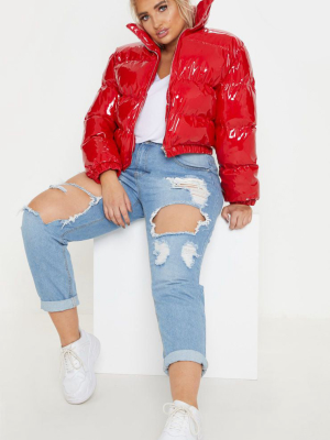 Plus Red Cropped Vinyl Puffer Jacket