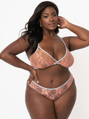 Plus Size Light Blue & Peach Sheer Lace Cross Back Bralette