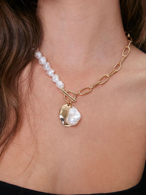 Faux Pearl & Hammered Pendant Necklace