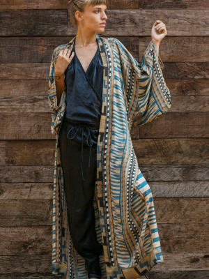 Geometric Printed Belted Long Sleeve Kimono Maxi Cover Up