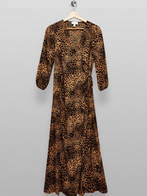 Tall Natural Animal Print Kimono Wrap Midi Dress