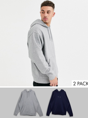 Asos Design Oversized Hoodie 2 Pack In Gray Marl/navy