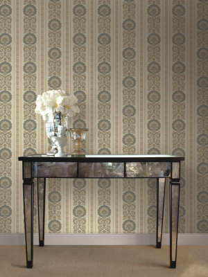 Ornate Fanned Damask Stripe Wallpaper In Warm Silver From The Caspia Collection By Wallquest