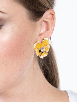 Yellow Enamel Flower Clip Earrings