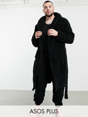 Asos Design Plus Lounge Dressing Gown In Black Fleece