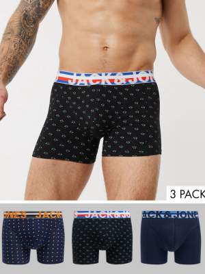 Jack & Jones 3 Pack Trunks With Print In Black And Navy