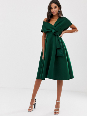 Asos Design Fallen Shoulder Midi Prom Dress With Tie Detail In Bottle Green