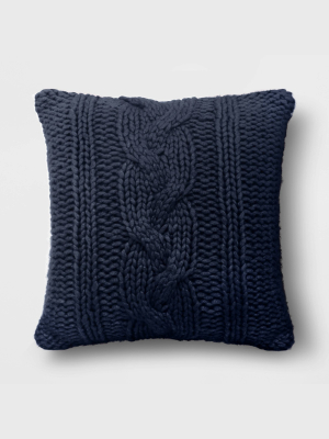 24"x24" Holiday Oversized Chunky Cable Knit Square Throw Pillow Navy - Threshold™