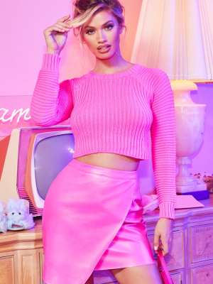 Neon Pink Cropped Rib Knit Sweater