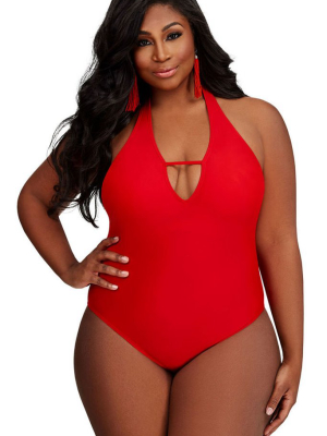 Plus Size Solid Plunged V Neck Halter One Piece Swimsuit