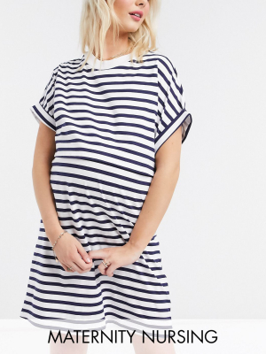 Asos Design Maternity Nursing Exclusive Overlay T-shirt Mini Dress In Stripe