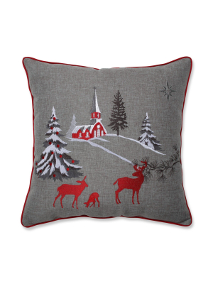 16.5" X16.5" Christmas Scene Deer & Church Square Throw Pillow - Pillow Perfect