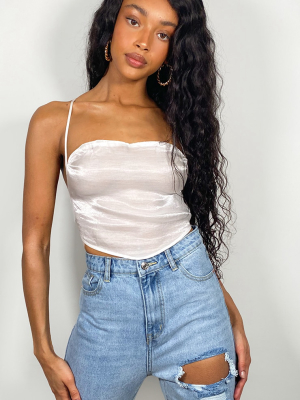 White Sheer Metallic Tie Back Bandeau Crop Top