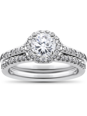 Pompeii3 3/4ct Diamond Halo Wedding Engagement Ring Set 10k White Gold