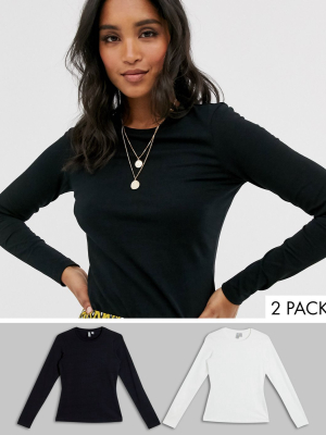 Asos Design Ultimate Organic Cotton Long Sleeve Crew Neck T-shirt In 2 Pack Save