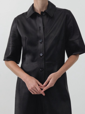 Placket Dress In Leather - Black