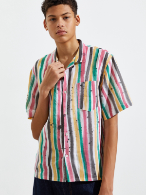 Whole Linen Painted Stripe Short Sleeve Button-down Shirt