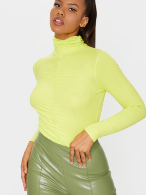 Lime Rib Ruched High Neck Bodysuit