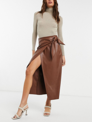 Asos Design Leather Look Pencil Skirt With Tie Detail In Dark Tan