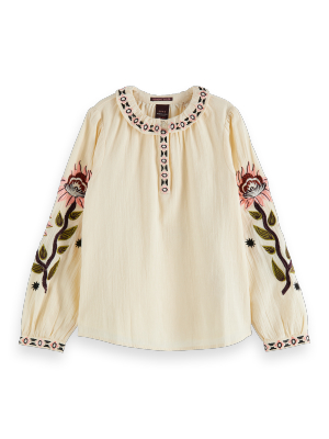 Cotton-linen Blend Embroidered Boho Top