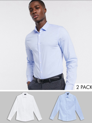 Asos Design Slim Fit Work Shirt 2 Pack In White And Blue Save