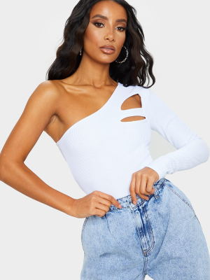 White Rib Cut Out One Shoulder Bodysuit