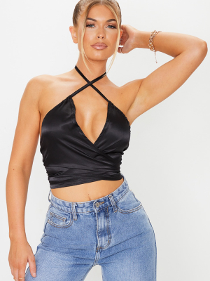 Black Satin Cross Tie Detail Crop Top