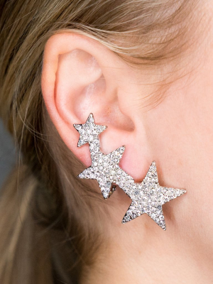 Rhodium Crystal Three Star Clip Earrings