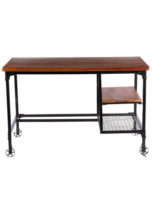 Industrial Design Wooden Desk Coffee Brown - Benzara