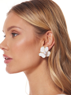 Gold And Rhinestone Flower With White Enamel Petals Clip Earring