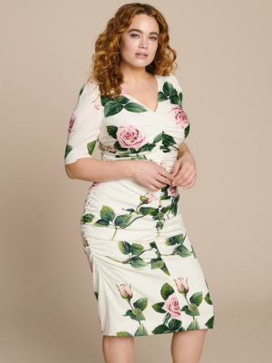 V-neck Floral Dress With Ruching