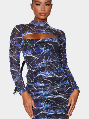 Multi Lightning Mesh Ruched Sleeve Cut Out...