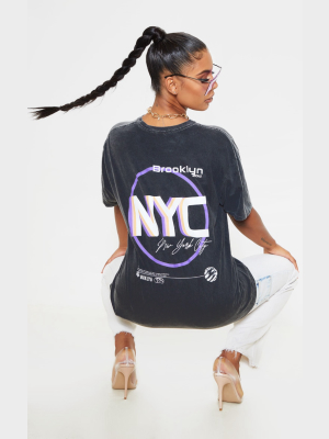 Grey Brooklyn Print Oversized Washed T Shirt