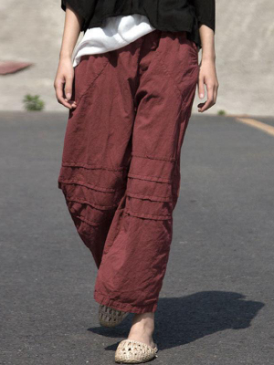 Plus Size - Women Casual Distressed Wine Red Loose Pants