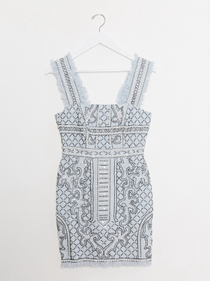 Asos Design Structured Pearl Embellished Mini Dress With Fringe Trim In Blue