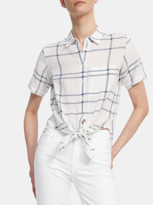 Tie Front Shirt In Plaid Viscose-linen
