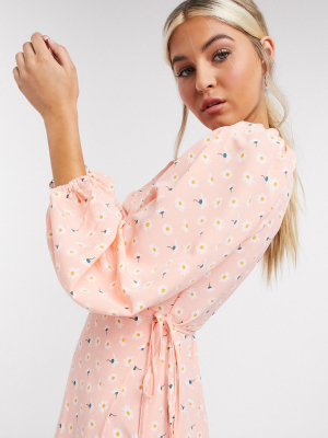 Glamorous Curve Maxi Wrap Dress With Oversized Sleeves And Ditsy Floral Pattern In Pink