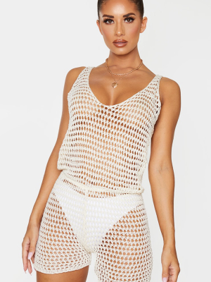 Cream Crochet Knitted V Neck Romper