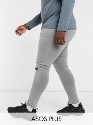 Asos Design Plus Spray On Jeans With Power Stretch In Pale Gray With Knee Rip And Abrasions