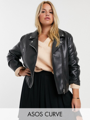 Asos Design Curve Ultimate Faux Leather Biker Jacket In Black