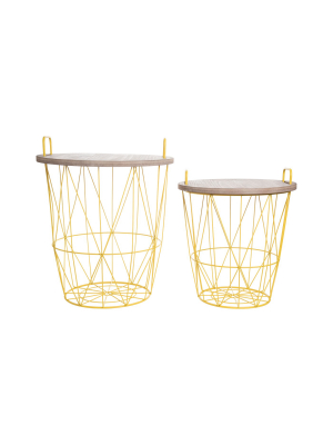 Set Of 2 Yellow Metal Wire Wood Top Side End Tables - Foreside Home And Garden