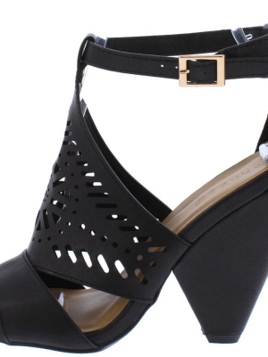 Involve06m Black Peep Toe Laser Cut Ankle Strap Angled Heel