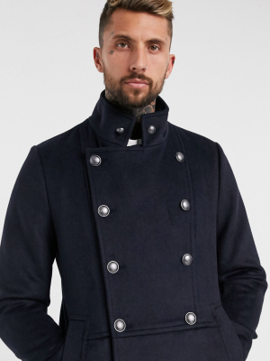 Asos Design Wool Mix Double Breasted Overcoat With Military Detail In Navy